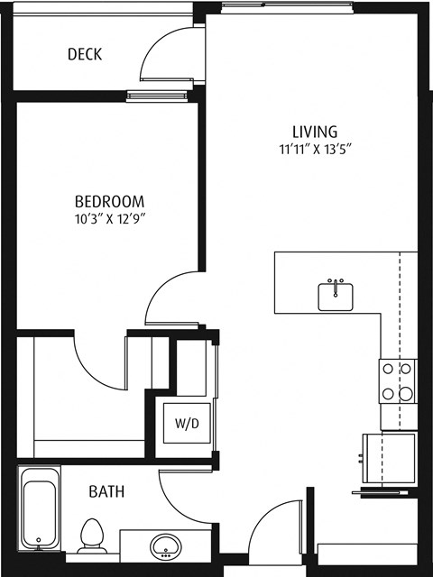 Floor plan for 1 bed, 1 bath, 697 sqft